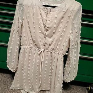 Cream fuzzy polka dot, button front dress